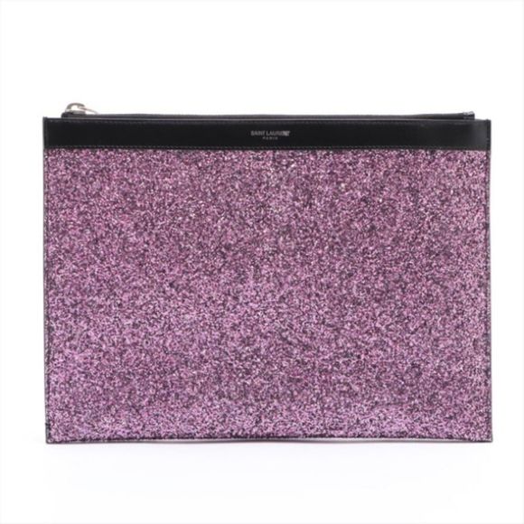 Saint Laurent Paris Leather Clutch Bag Sparkle Pink - Picture 1 of 9